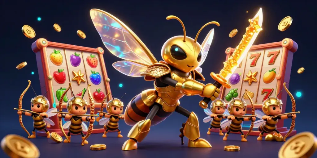 Experience the thrill of slots with golden symbols and characters in a dynamic casino scene.