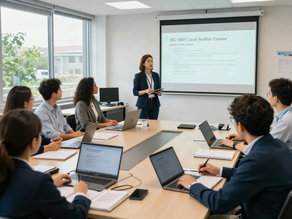 ISO 9001 Lead Auditor Course training with diverse participants learning auditing principles in a modern classroom setting.