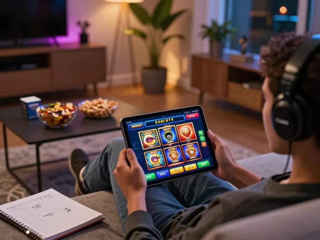 Player engaged in non gamstop casinos using a tablet in a cozy home setting with notes and snacks.