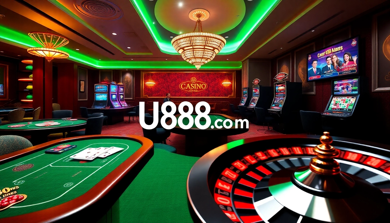 A captivating online casino scene showcasing U888 com with engaging poker tables, vibrant slot machines, and a spinning roulette wheel.