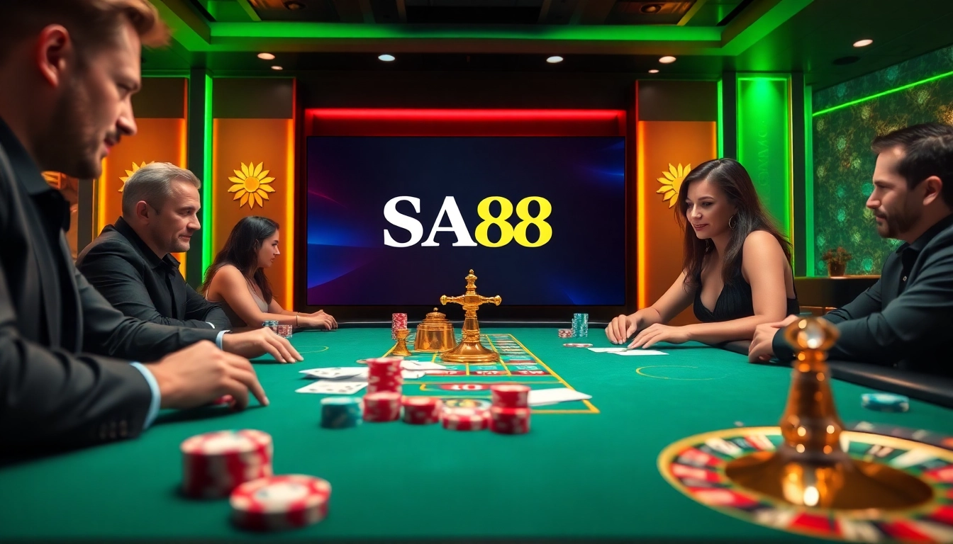 Exciting gambling scene showcasing SA88 logo with poker chips and a roulette wheel.