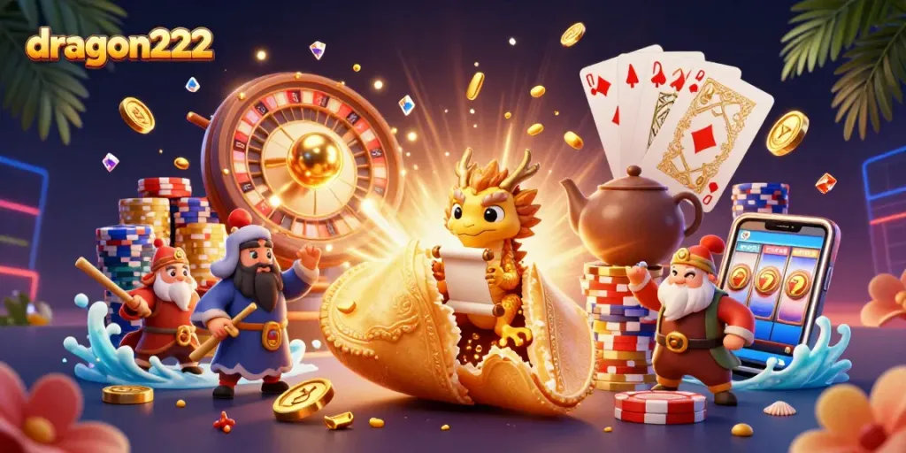 Play and win with dragon222 at the exciting casino featuring a animated golden fortune cookie and a tiny wise dragon.