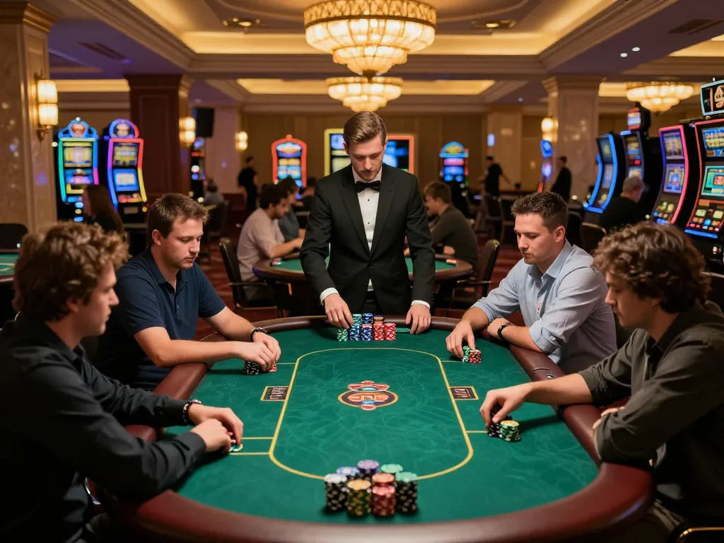 Agen Casino Online players strategizing in an upscale poker setting with vibrant ambiance.