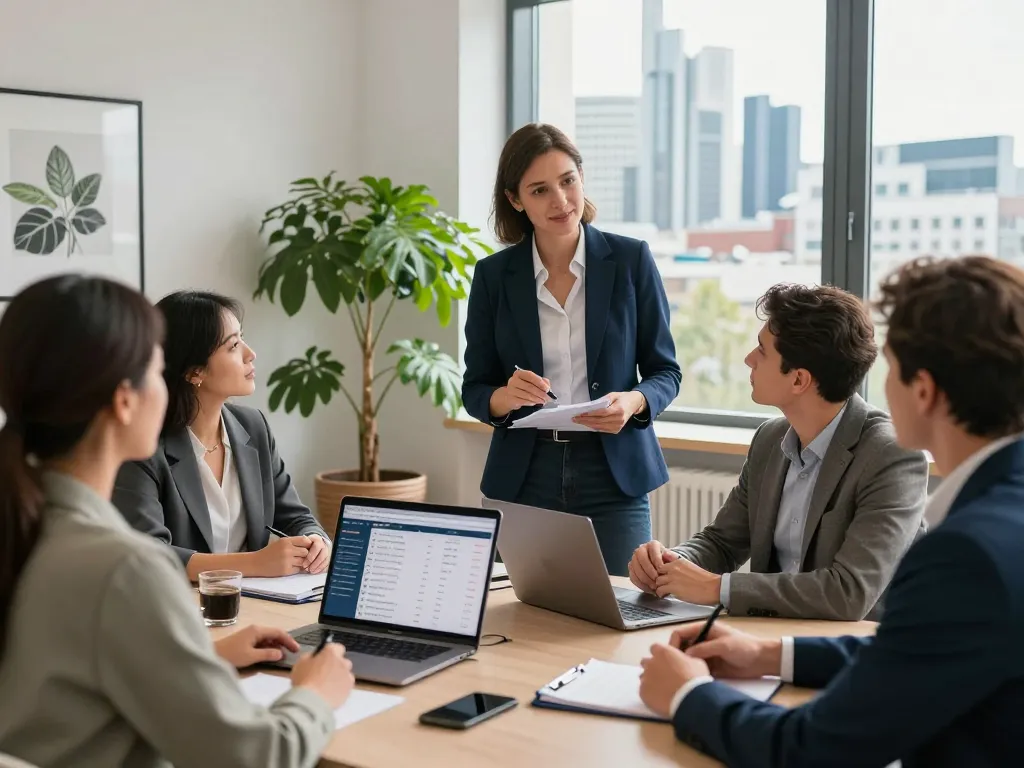 Engagierter Immobilienmakler im Büro Frankfurt Sachsenhausen diskutiert Immobilienverkäufe mit Kunden.