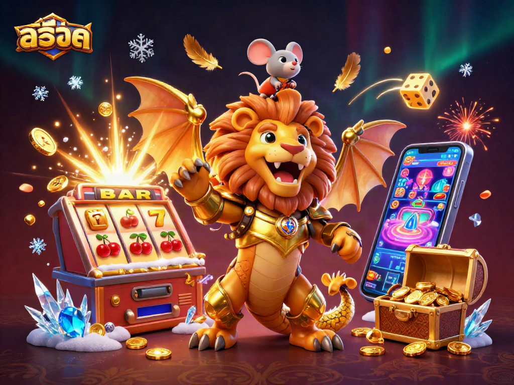 Engage with exciting สล็อต gameplay featuring roaring chimera and bursting slot machine elements in a vibrant casino atmosphere.