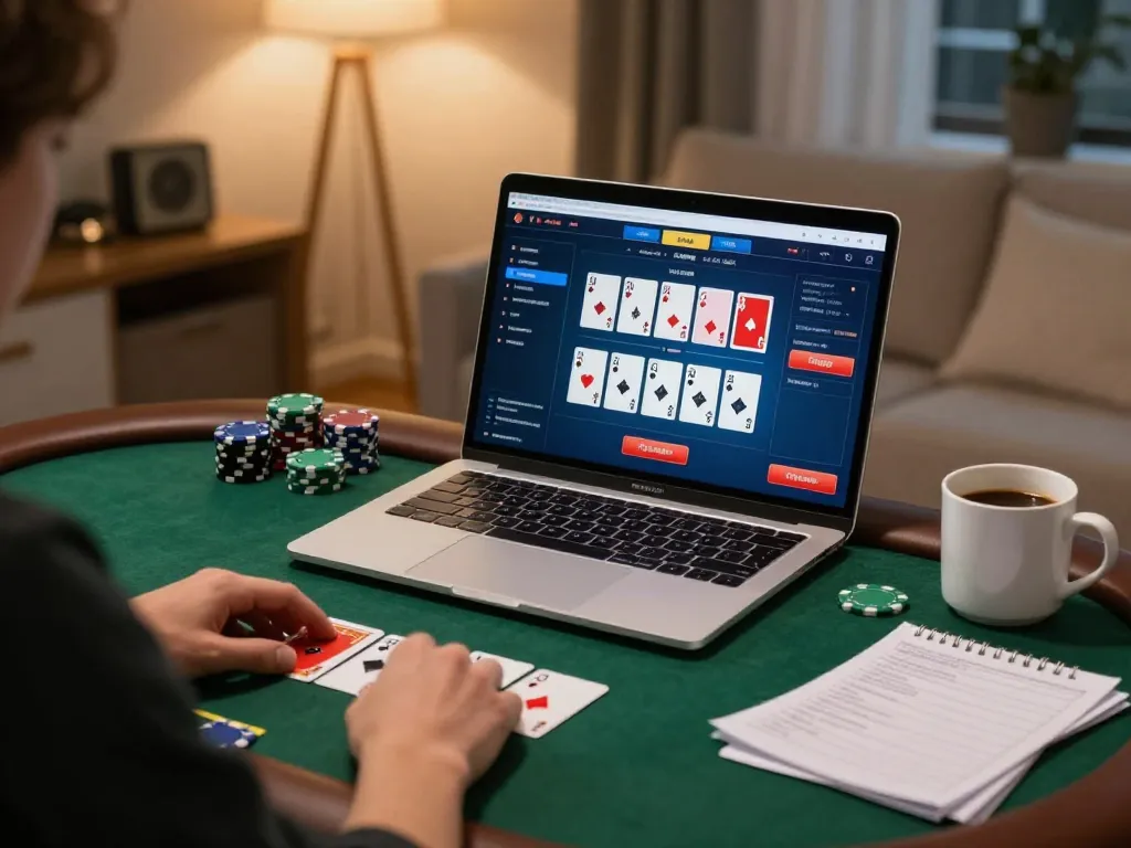 Experience MM99 online poker gaming setup with cozy ambiance and strategy notes.