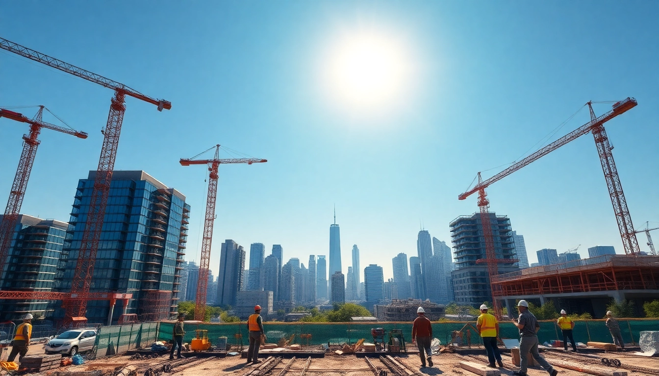 Real Estate Development site showcasing cranes and diverse workers building modern architecture.