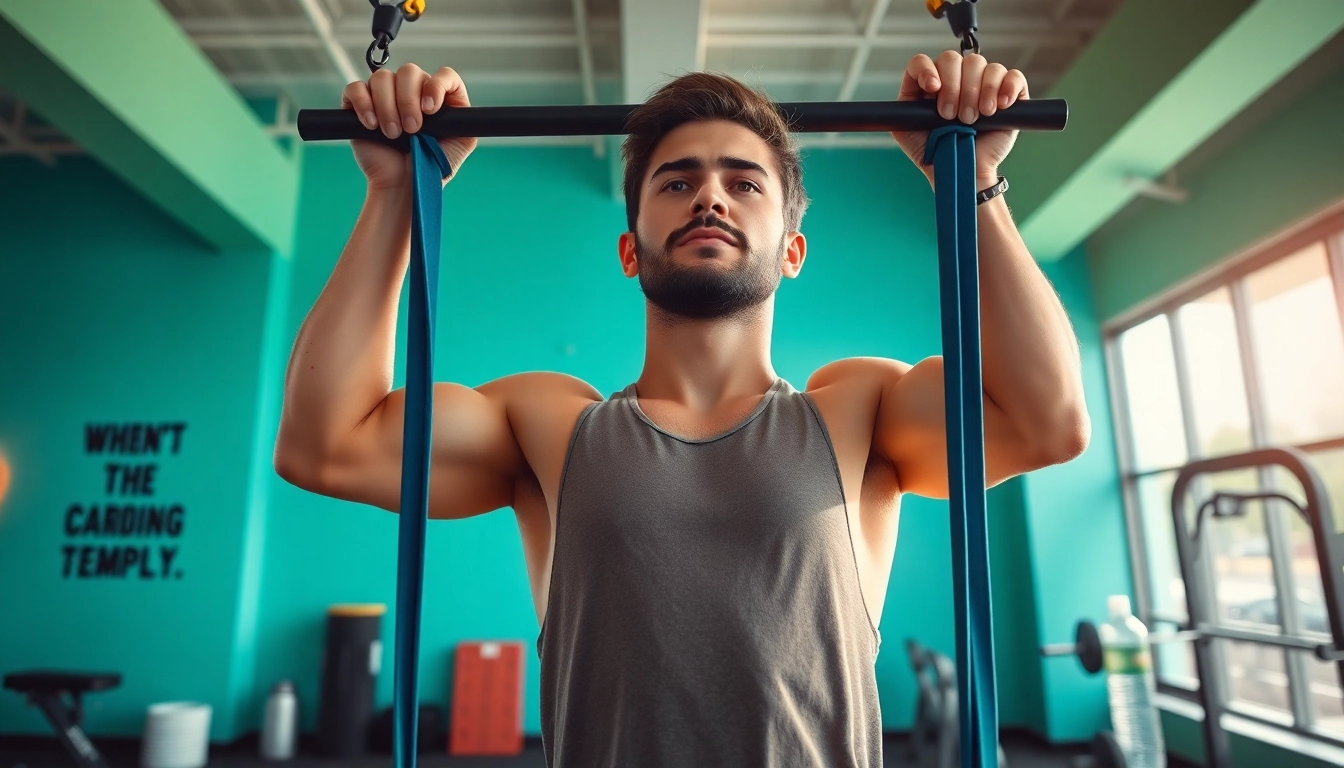Fitness enthusiast using assisted pull-up bands at the gym to build strength.