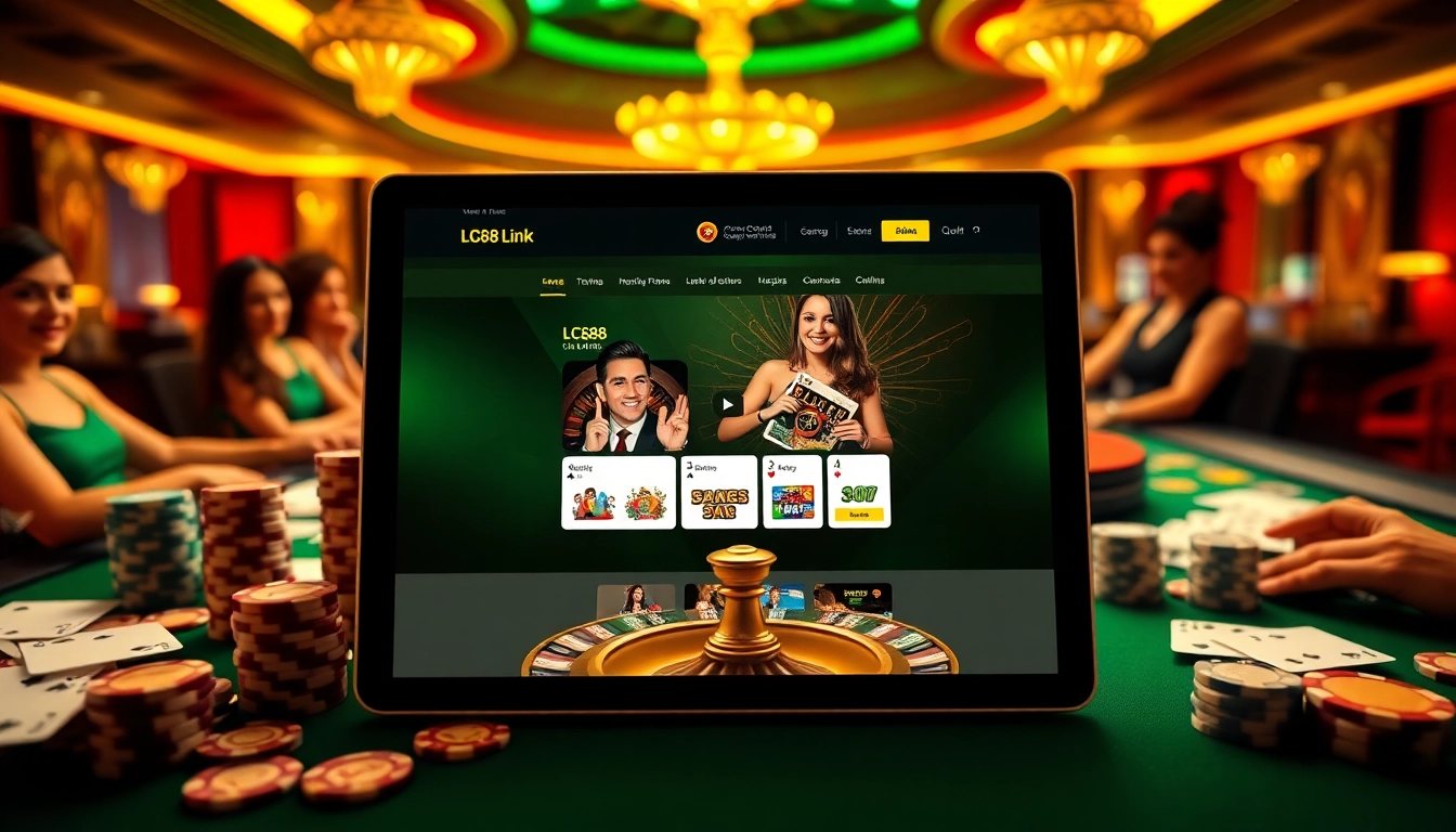 Enjoy the thrilling Lc88 Link gaming experience with vibrant casino visuals showcasing poker tables and online slots.