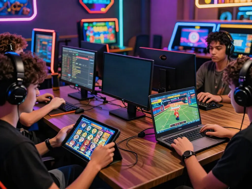 Group of players enjoying da88 online gaming with colorful devices and promotions.