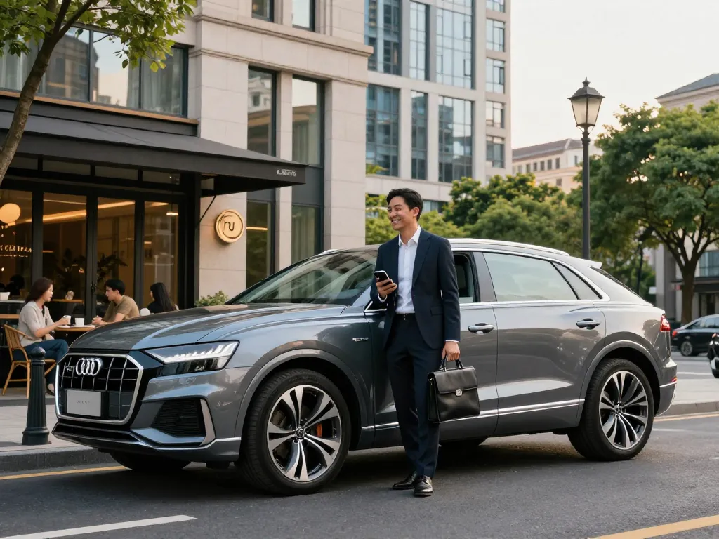 Thuê một chiếc Audi Q8 sang trọng cho trải nghiệm đô thị phong cách, trưng bày dịch vụ cho thuê xe hạng sang trong một bối cảnh sống động.