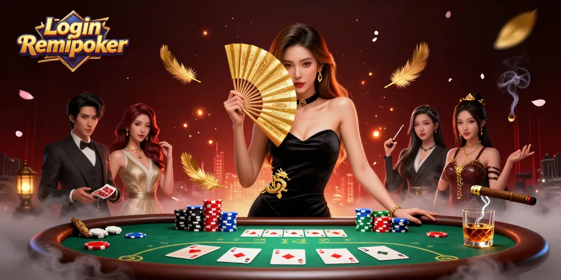 Experience the thrill of poker with Login Remipoker, featuring an elegant Asian woman amidst vibrant casino elements.