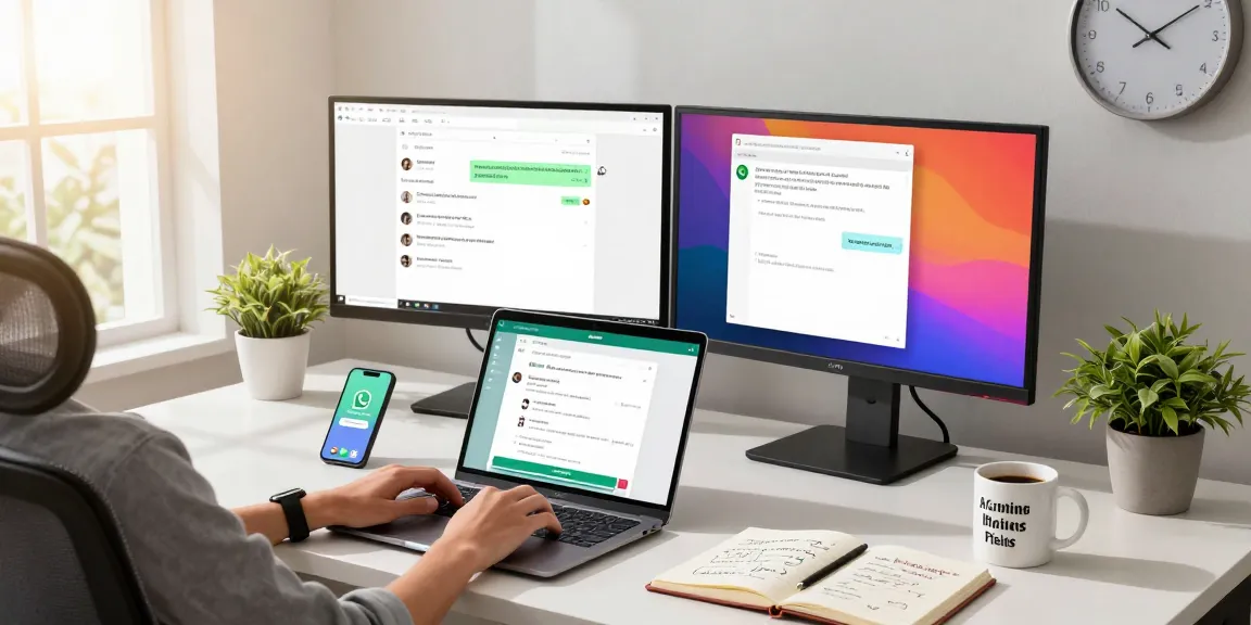 Person using WhatsApp網頁版 at a modern workspace with tech gadgets and natural light.