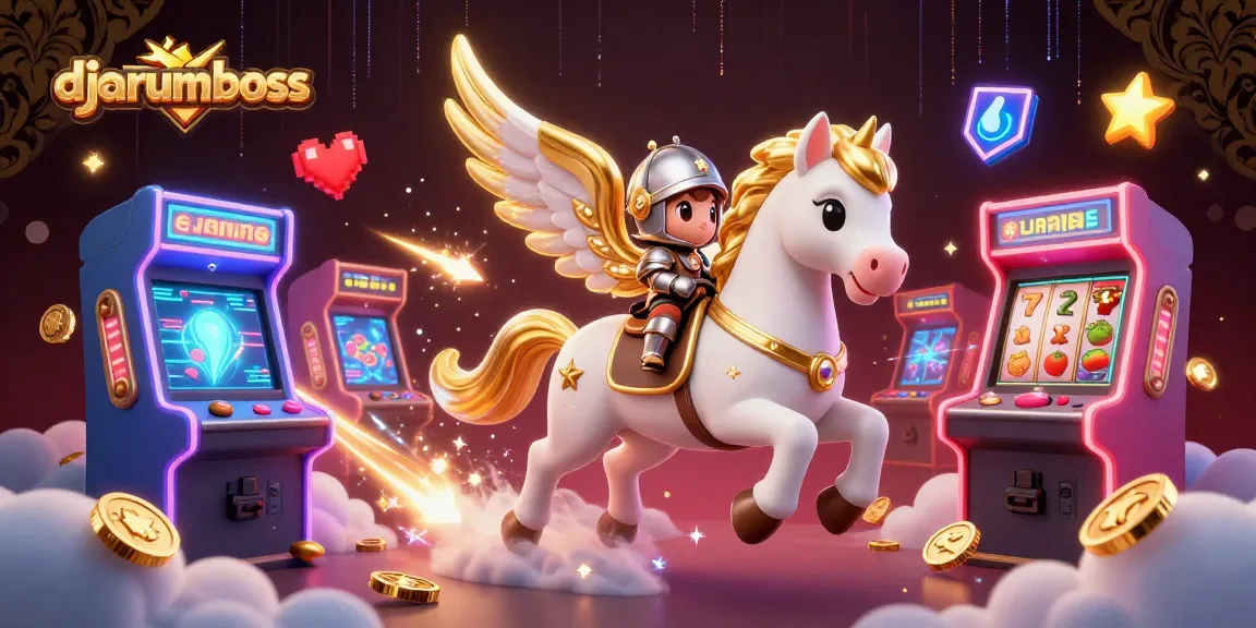 Djarumboss showcases a magical casino scene with a winged horse, knight, and colorful slots amidst stardust.