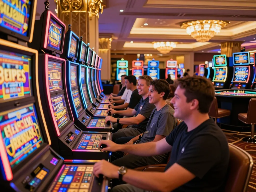 FAFA 828 slot players enjoying an exciting gaming experience in a vibrant casino atmosphere.