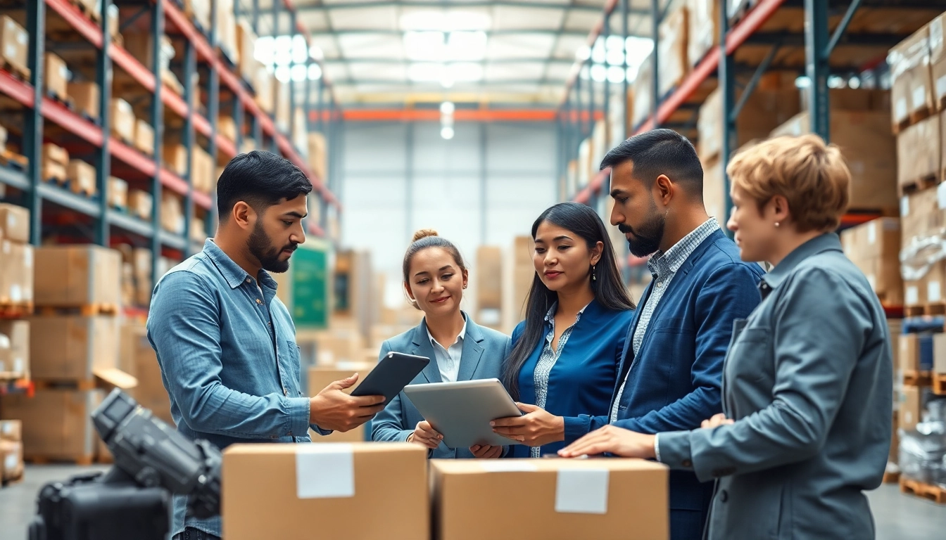 Logistics professionals coordinating supplies in a dynamic warehouse environment.