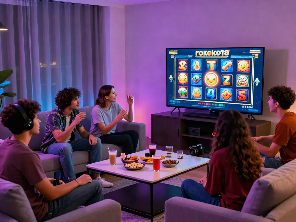 Friends enjoying a fun night playing rokok88 slot in a cozy living room.