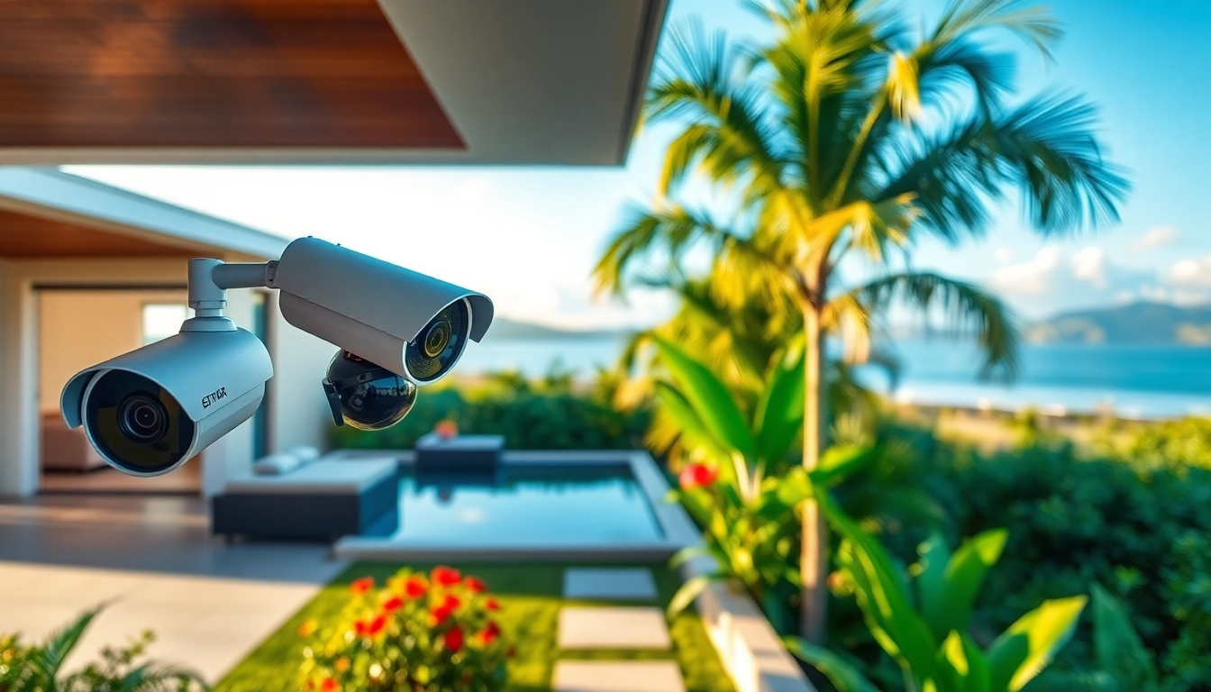 Cámaras de seguridad en Guanacaste instaladas en un entorno residencial vibrante, aumentando la seguridad del hogar con un telón de fondo tropical.