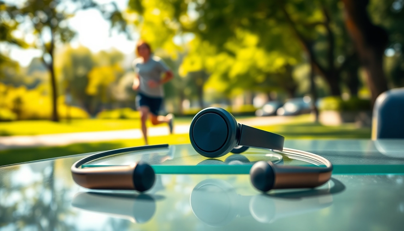 Showcase Bone X1 Bone Conduction Headphones on a stylish table in a vibrant park setting.