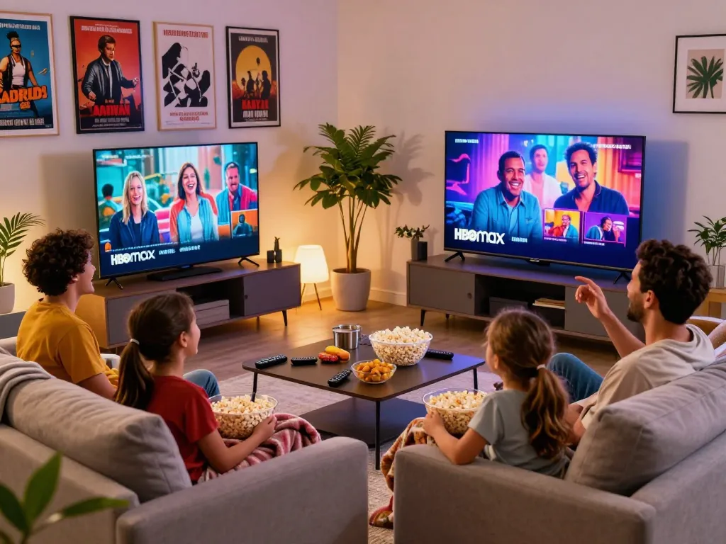 Family enjoying HBO Max Right during movie night with cozy atmosphere and modern decor.