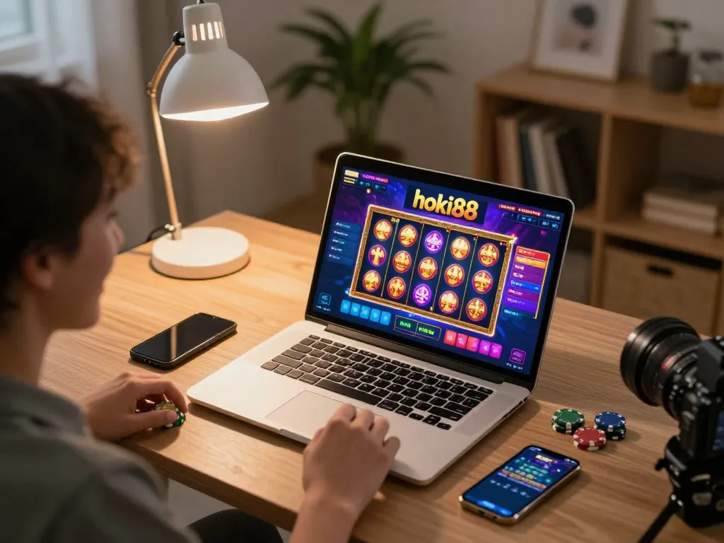 Rasakan keseruan permainan slot hoki88 di setup gaming yang stylish dengan visual yang cerah.