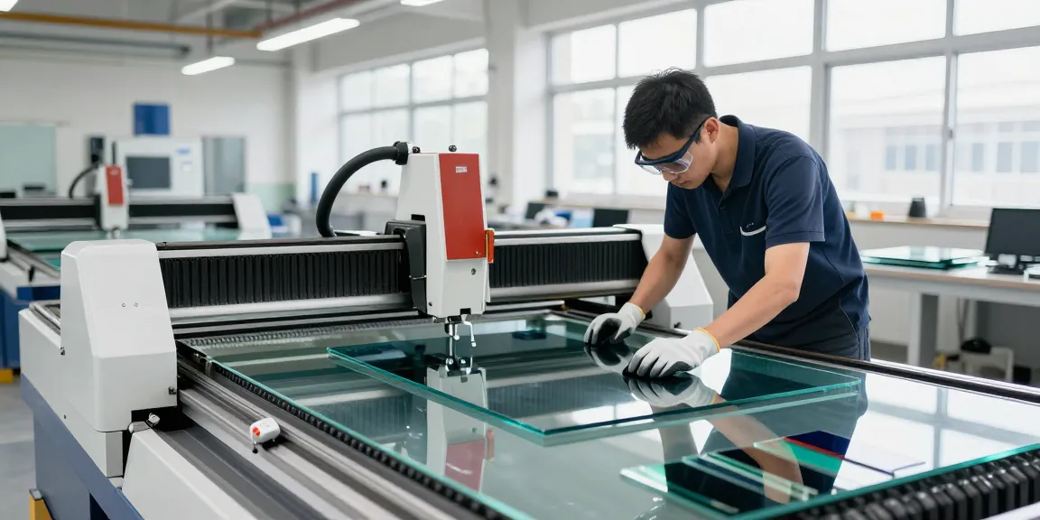 Technician using a glass cutting machine in a modern workshop.