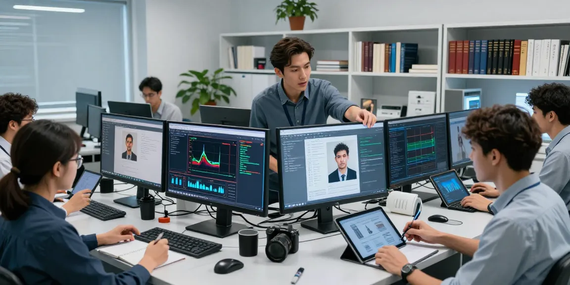 AI Image Detector team analyzing visual data in a modern forensics lab.