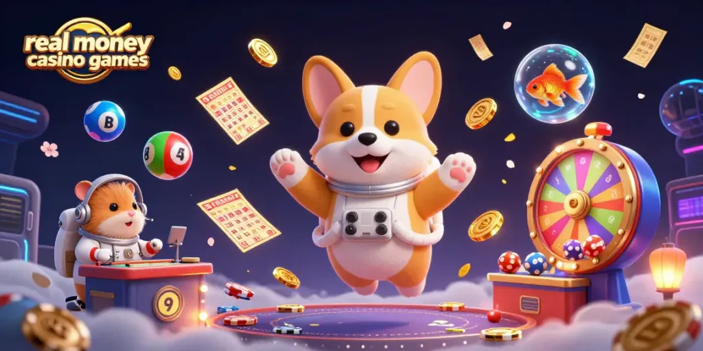 Experience real money casino games with a vibrant 3D scene of a corgi and friends in a space casino.