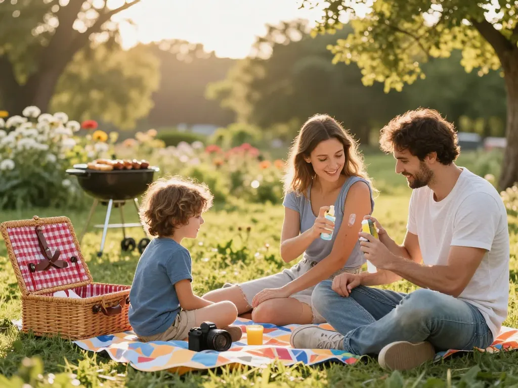 Family applying mosquito repellent at a joyful outdoor picnic in nature.