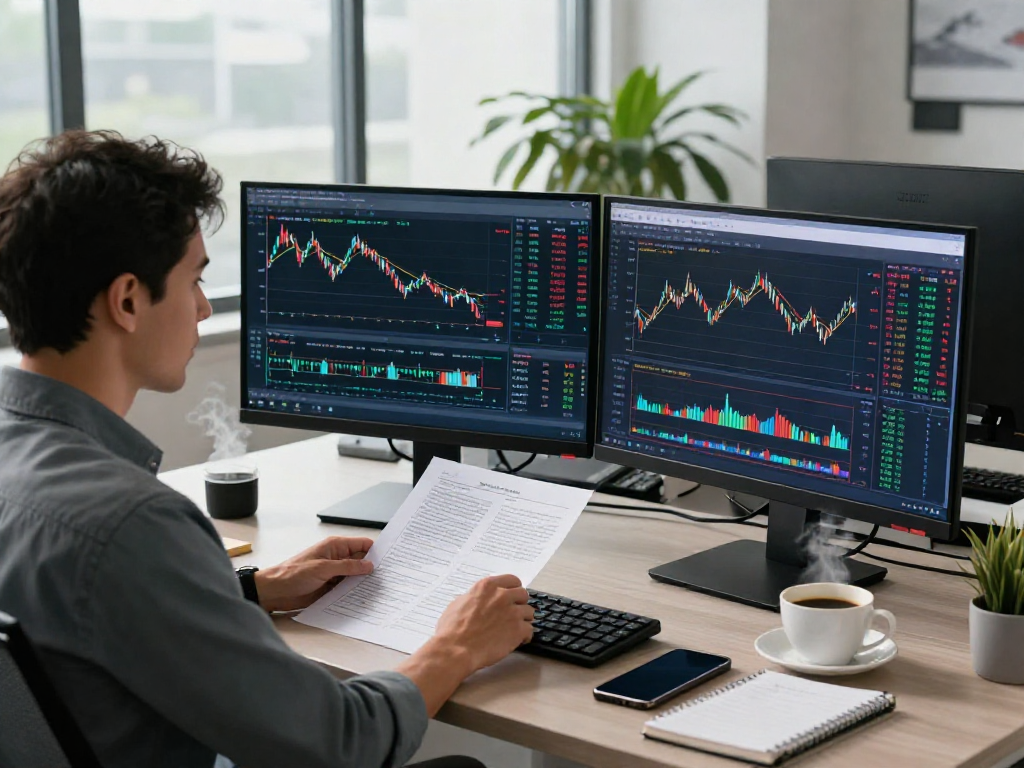 Trader analyzing MetaTrader 5 charts in a modern financial office setup.