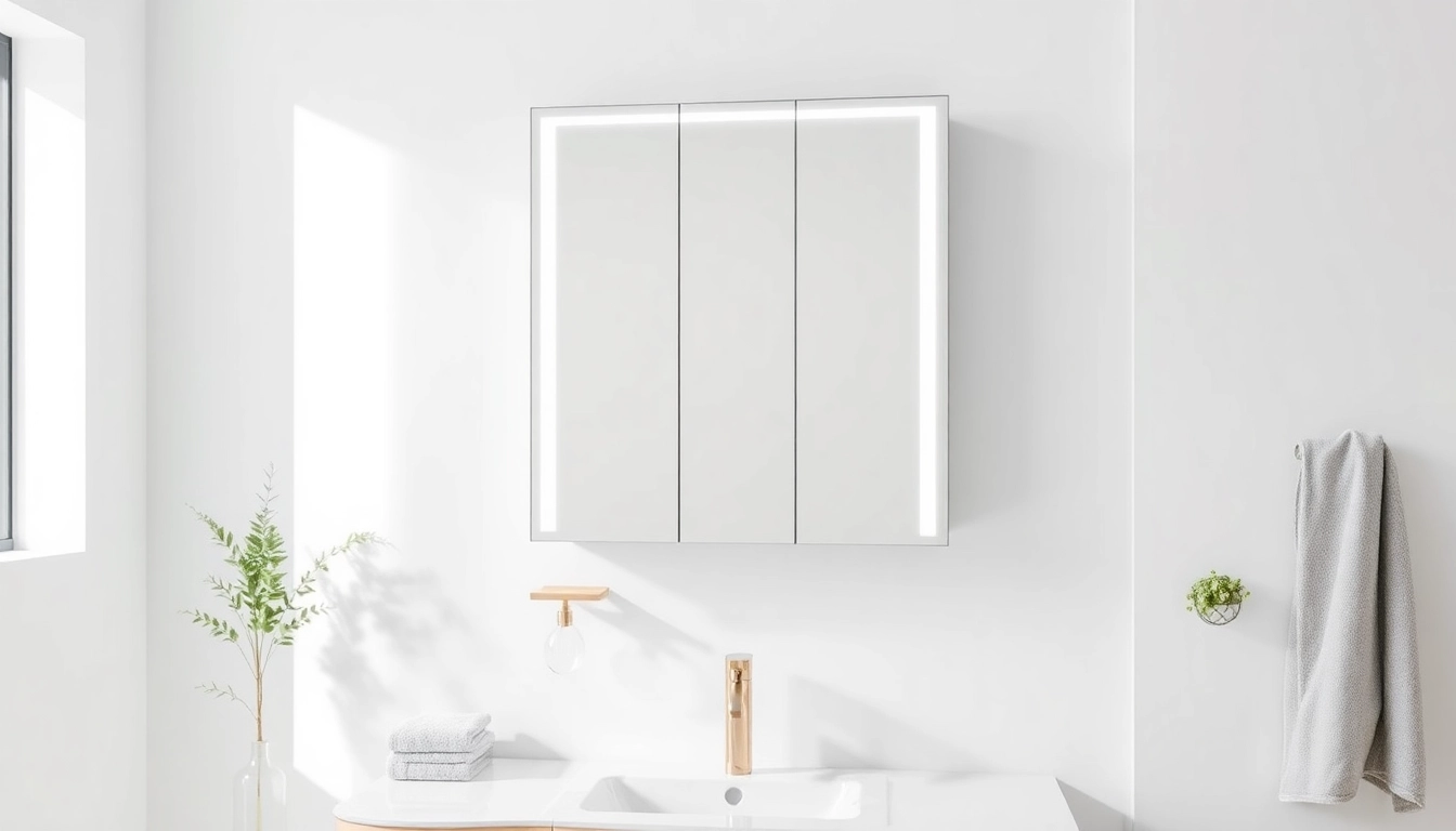 Spiegelschrank LED mit modernem Design in einem stilvollen Badezimmer präsentieren.