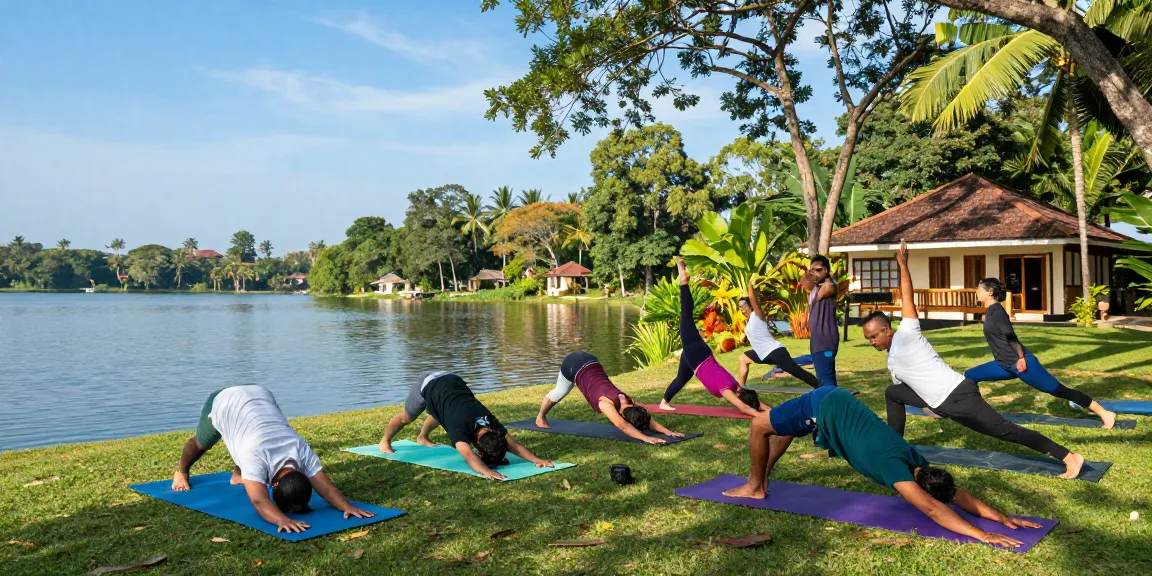Students practicing in serene outdoor setting during 200 hour YTT sri lanka training at Lanka Yoga.
