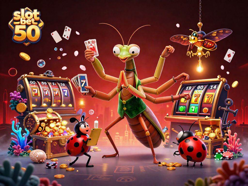 Engage in slot bet 50 action with a vibrant 3D casino scene filled with playful gambling characters.