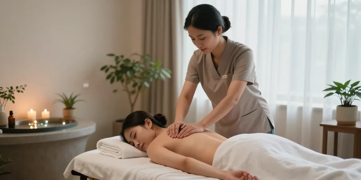 Therapist providing a gentle Swedish massage in a tranquil spa setting, highlighted by calming elements.