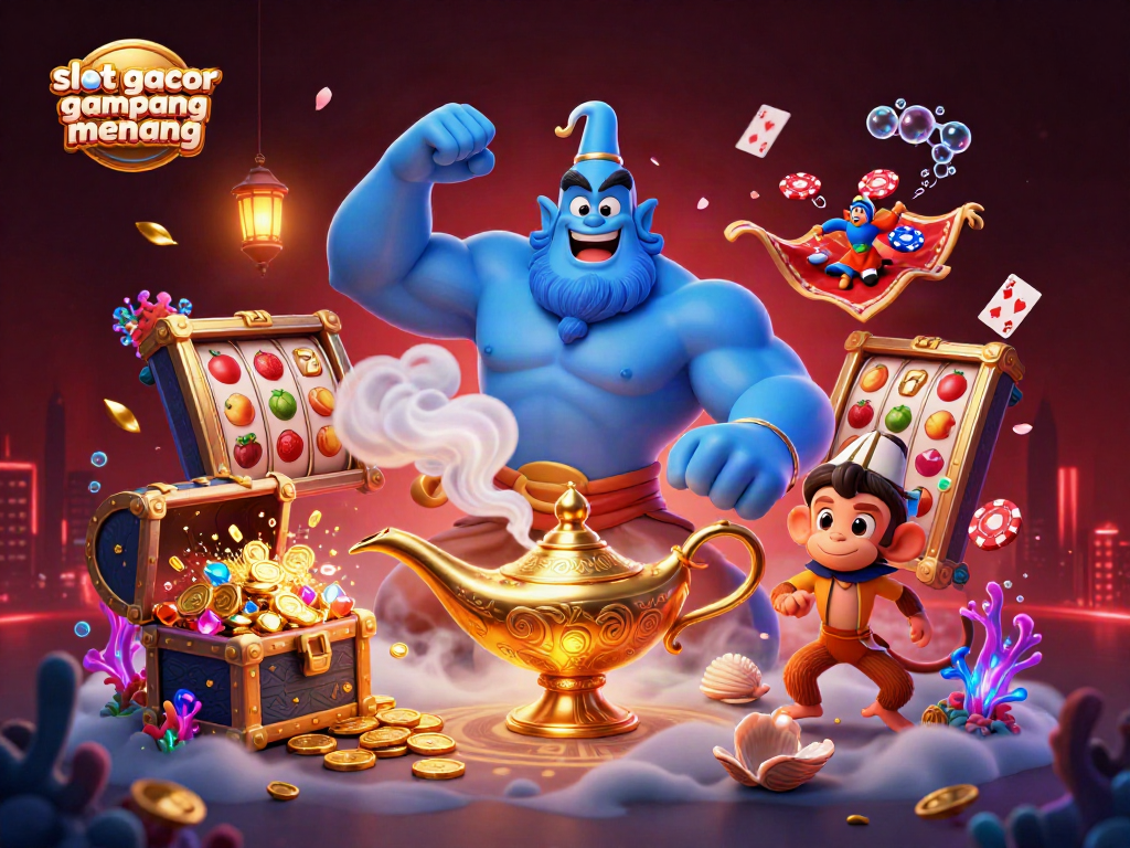Experience the thrill of slot gacor gampang menang with a magical 3D scene featuring a genie, poker chips, and vibrant casino elements.