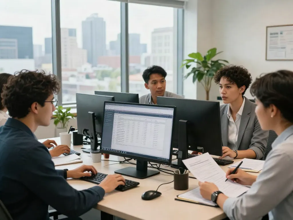 Team of tax preparers collaborating using tax office software in a modern workspace.