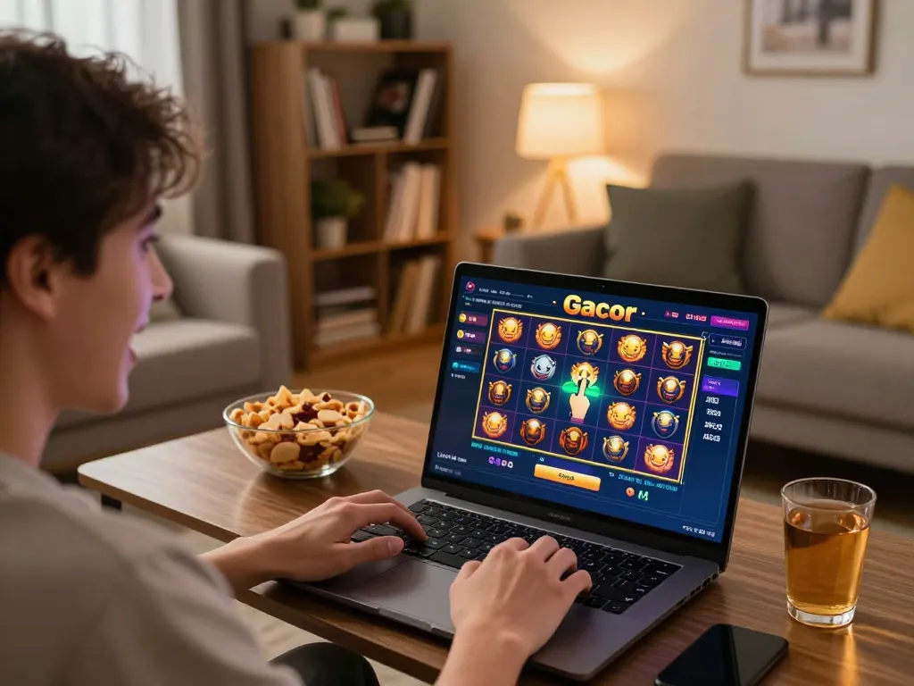 Player enjoying a slot gacor game on laptop, vibrant home gaming ambiance.