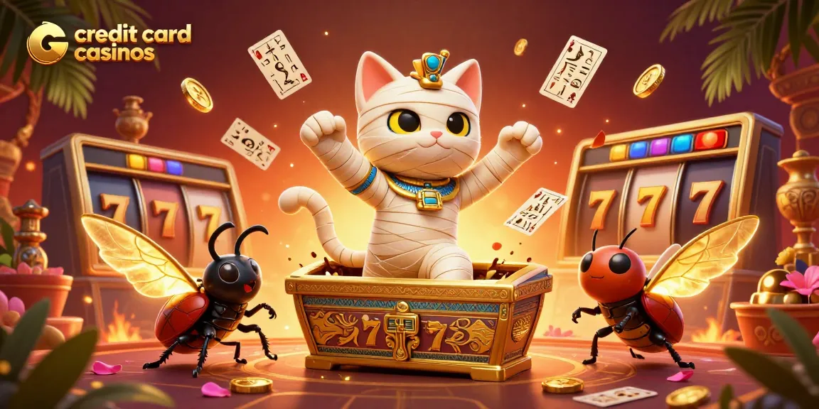 Experience the excitement of credit card casinos with this vibrant 3D illustration featuring a unique mummy cat and dynamic game elements.