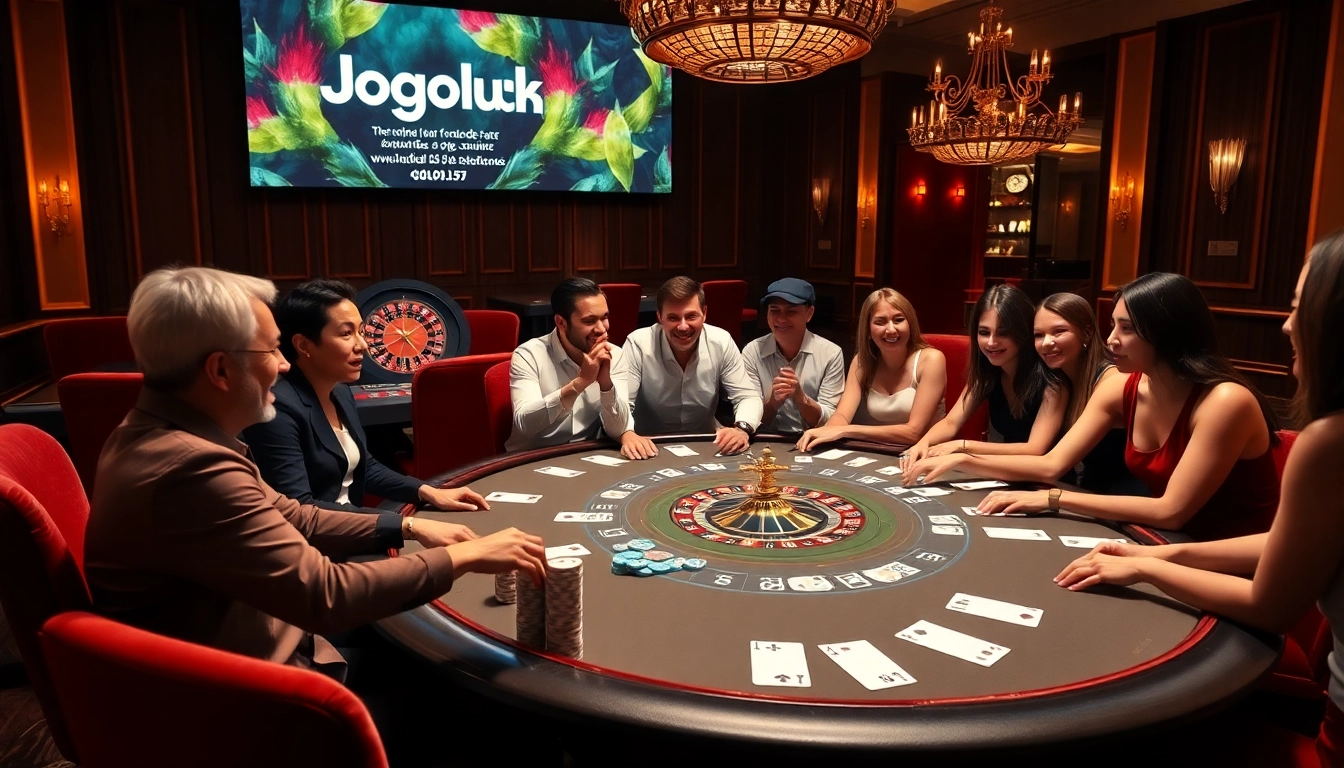 Experience the excitement at Jogoluck Casino with poker tables, vibrant lights, and professional gameplay.