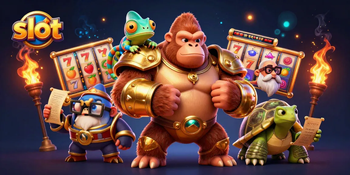 Berinteraksi dengan slot lengkap, karakter raja gorila dan kawanannya saat bermain di kasino virtual.