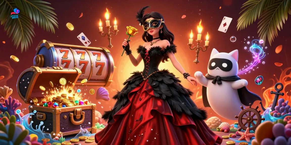 Play judi slot with excitement as a lady in a captivating gown holds a golden rose amidst vibrant casino elements.