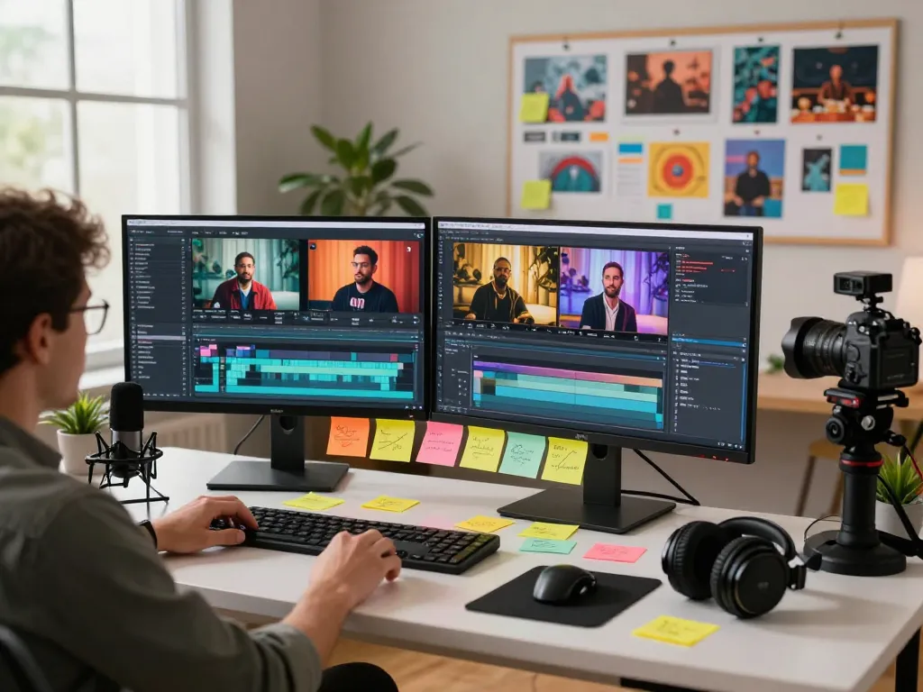 Video to prompt workspace with vibrant screens and editing tools, highlighting video creation process.