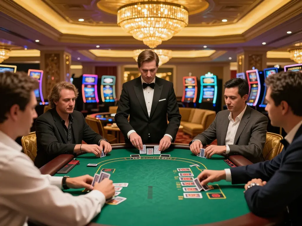 Players placing bets at BK8 blackjack table in a luxurious casino.