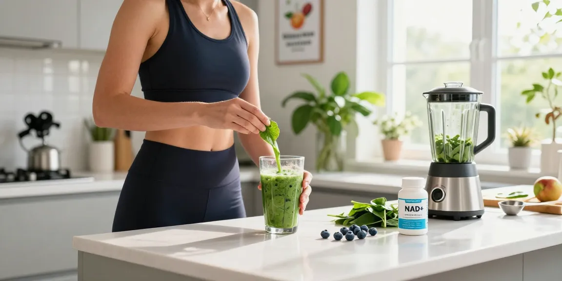 NAD+ benefits featured in a vibrant kitchen scene with health ingredients and smoothie preparation.