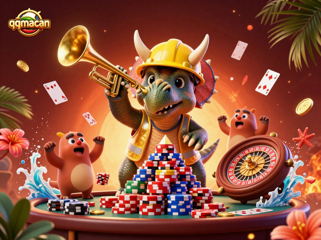 Engage in poker excitement with qqmacan, featuring vibrant 3D characters celebrating a win.