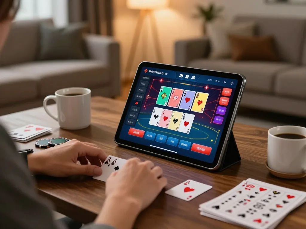 Person enjoying poker on 888top tablet, showcasing vibrant gaming interface and cozy home setup.