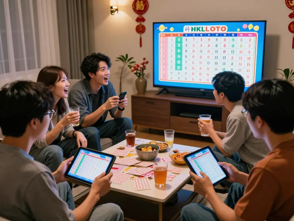 Excited players watching a live HK Lotto draw, analyzing data on devices while celebrating the lottery experience.