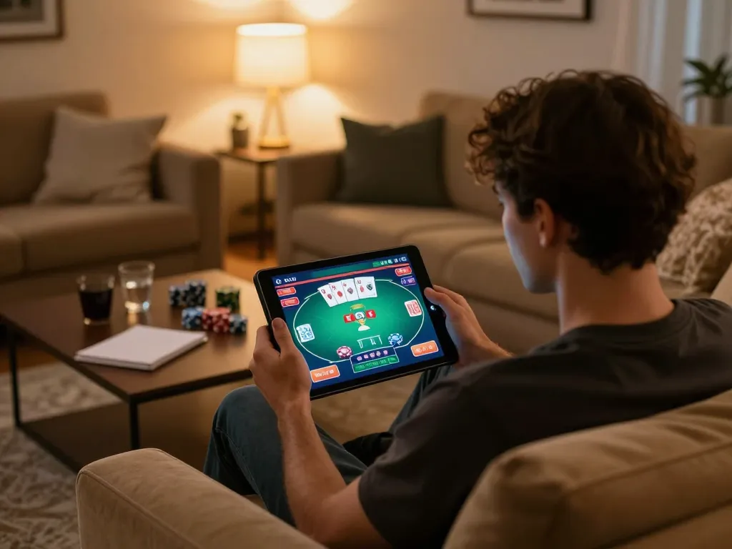 Playing poker on Canada online casinos reddit, showcasing vibrant game interface in a cozy home.