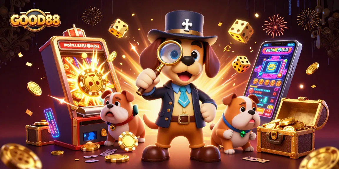 Exciting illustration of GOOD88 with a detective and bulldog exploring poker treasures in a vibrant casino scene.