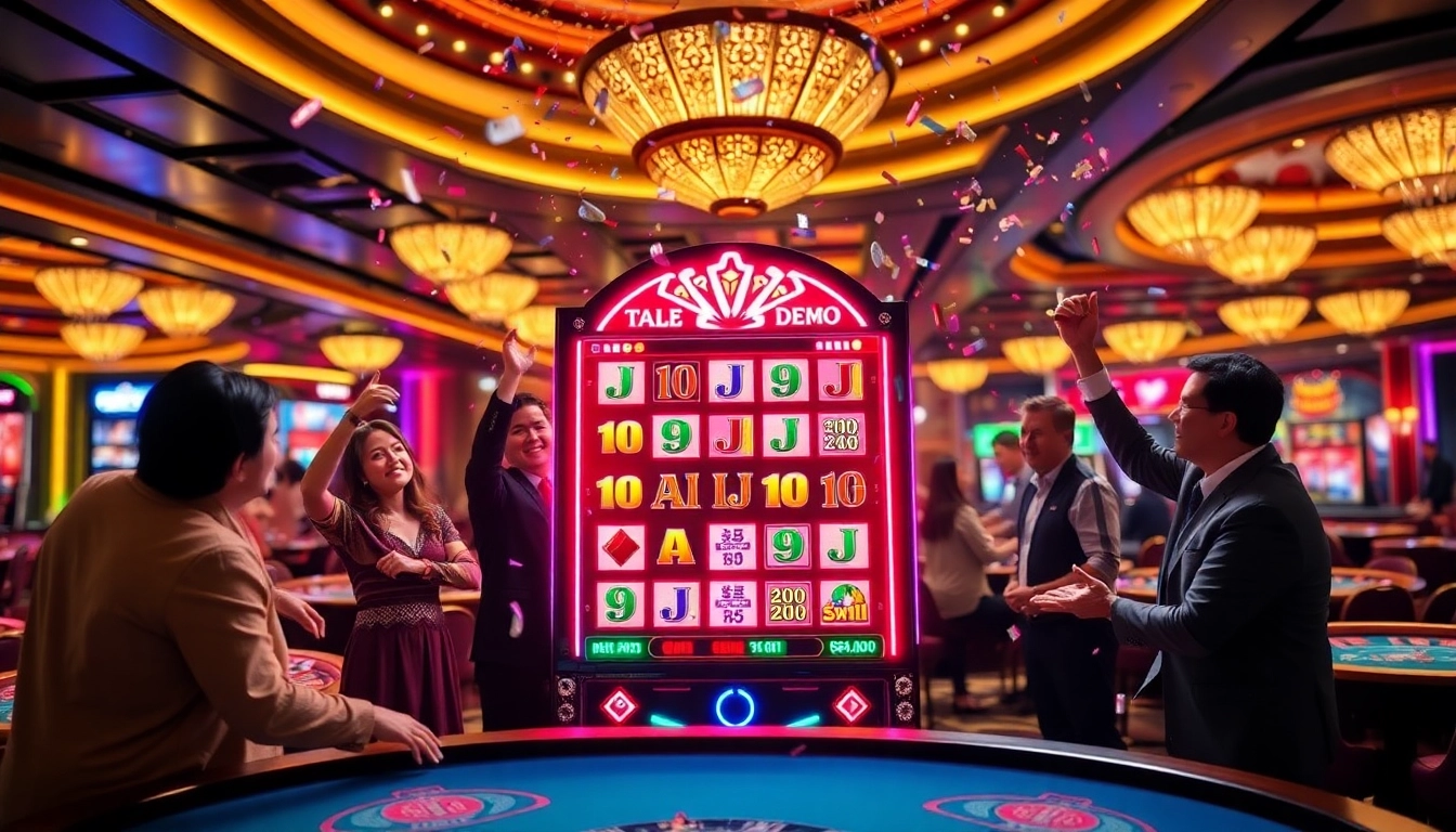 Experience the excitement of a mahjong slot demo in this vibrant casino scene.